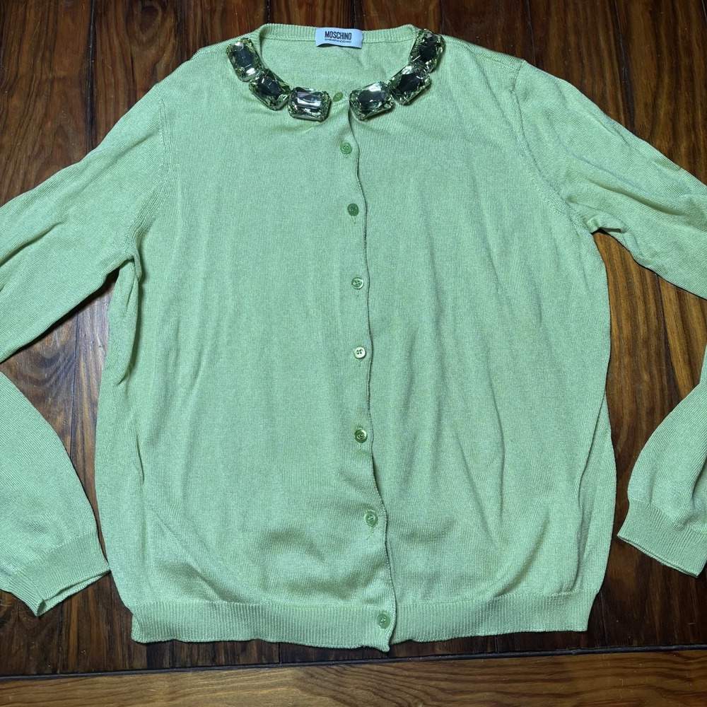 Moschino Cheap & Chic Spring Green Large Jewel Embellished Silk Cardigan 12 A78